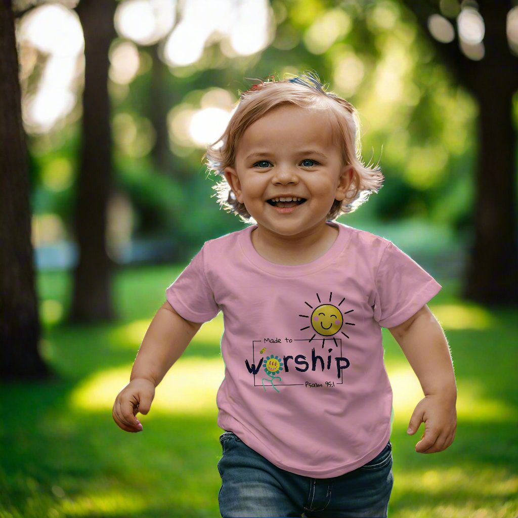 Christian kids clothing with happy sun, bee, flower, and Psalm 95:1.
