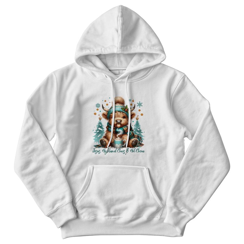 Cozy Christian Christmas crewneck featuring Highland Cow and faith-inspired text
