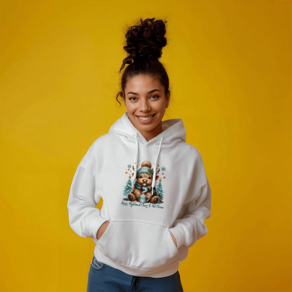 Cozy Christian Christmas crewneck featuring Highland Cow and faith-inspired text