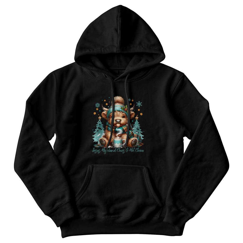 Cozy Christian Christmas crewneck featuring Highland Cow and faith-inspired text
