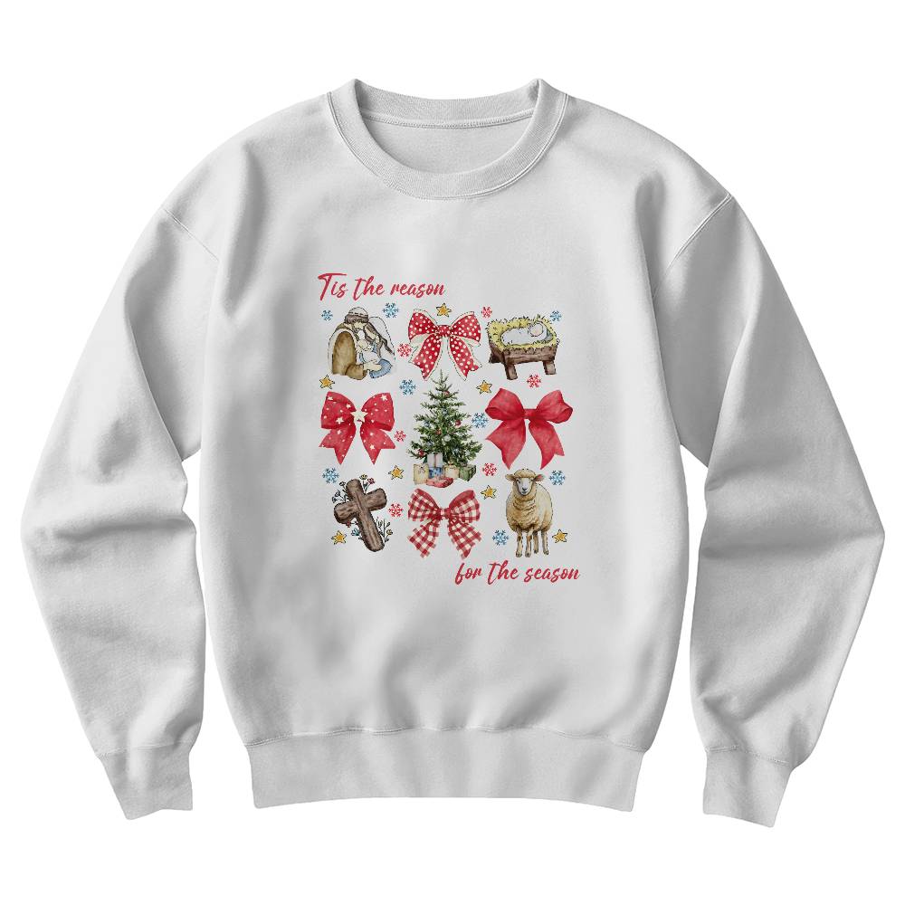 Tis the Reason for the Season crewneck with Christmas and faith symbols
