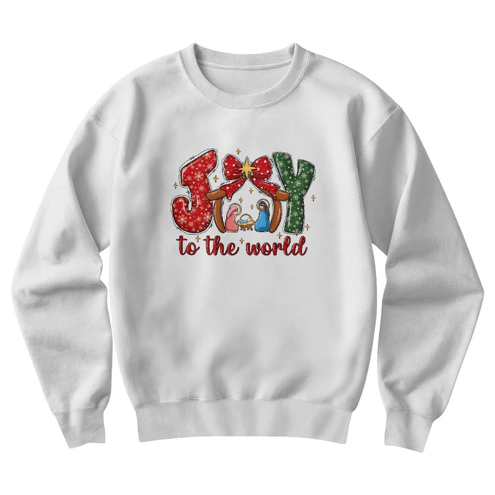 Joy to the World crewneck sweatshirt with nativity design in the O
