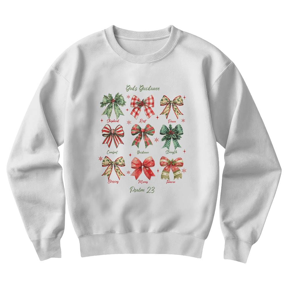 Christian Christmas sweatshirt featuring holiday bows and Psalm 23 inspiration
