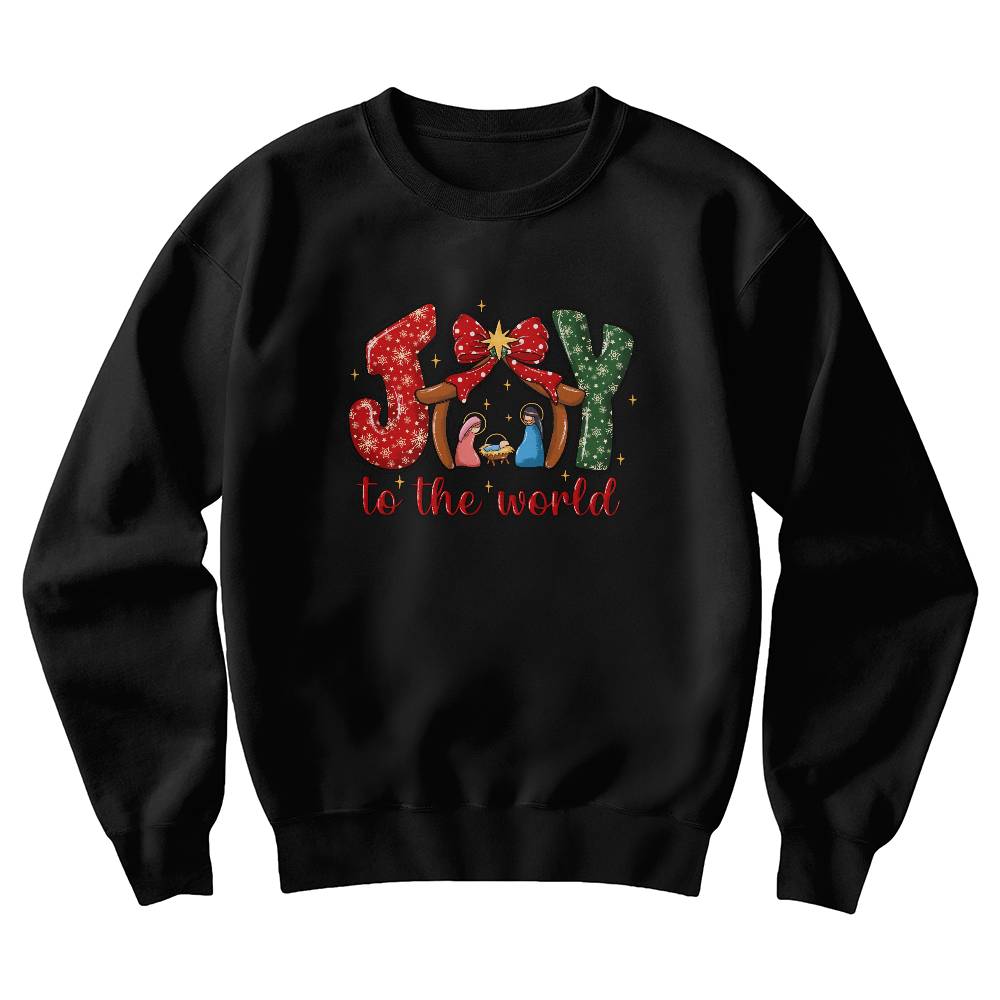Joy to the World crewneck sweatshirt with nativity design in the O
