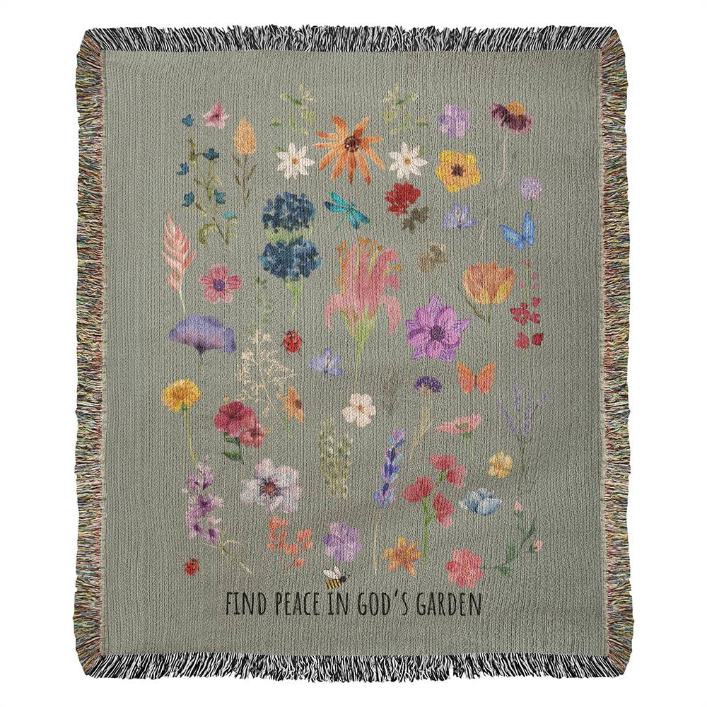 Floral woven blanket with vibrant flowers, bugs, and 'Find Peace in God's Garden' message. Colorful and nature-inspired Christian blanket.
