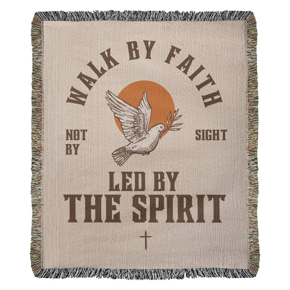 Retro-inspired woven blanket with 'Walk by Faith, Not by Sight' message, dove and sun design, light background, and retro colors.
