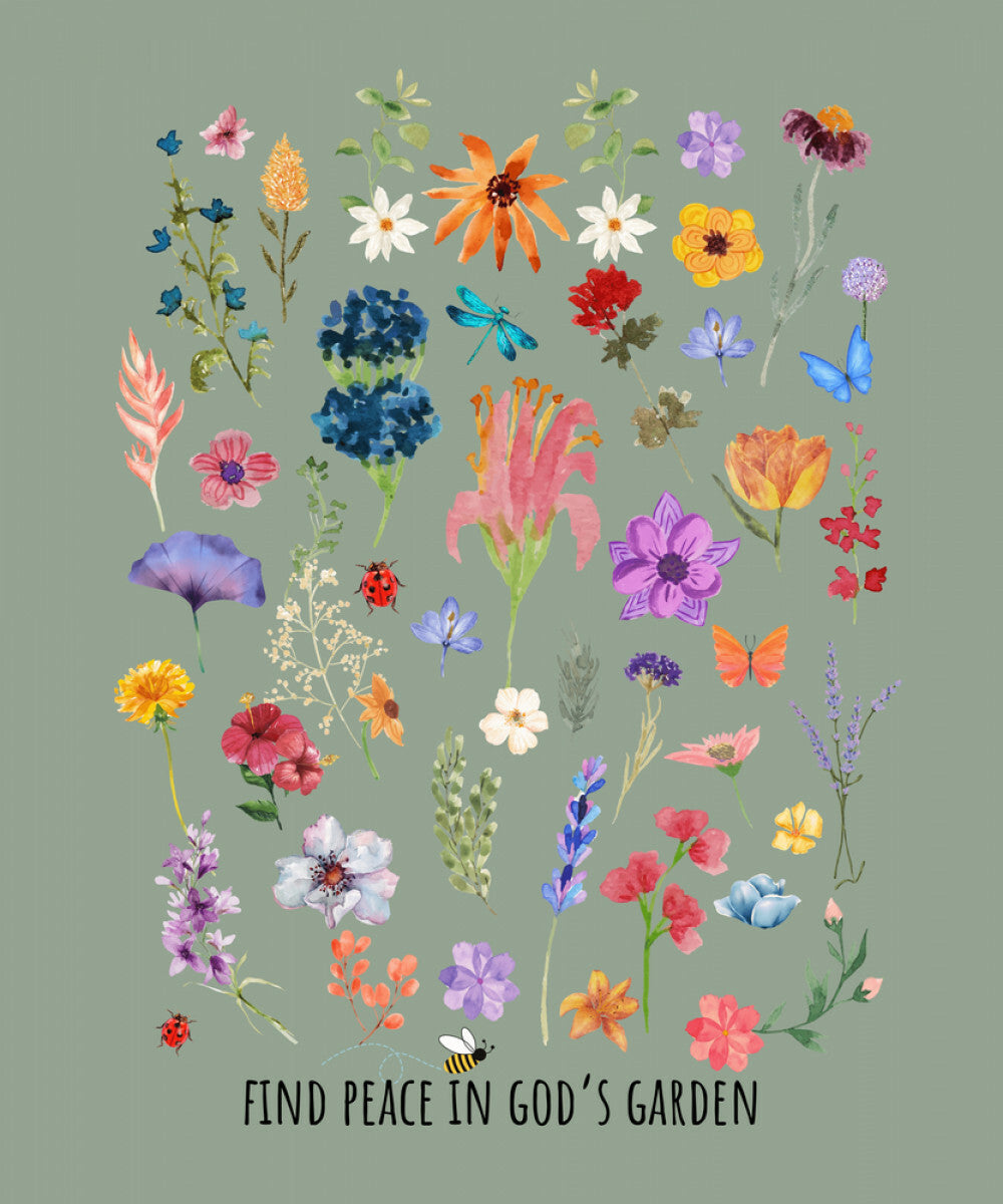 Floral woven blanket with vibrant flowers, bugs, and 'Find Peace in God's Garden' message. Colorful and nature-inspired Christian blanket.
