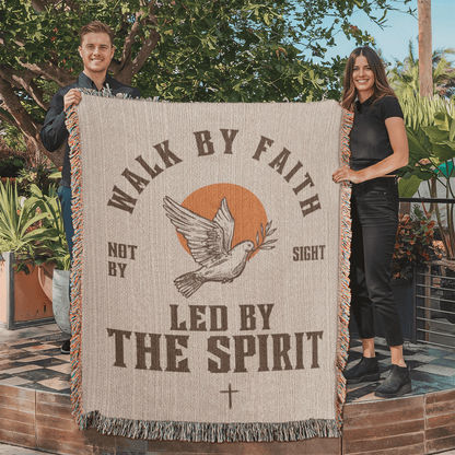Retro-inspired woven blanket with 'Walk by Faith, Not by Sight' message, dove and sun design, light background, and retro colors.
