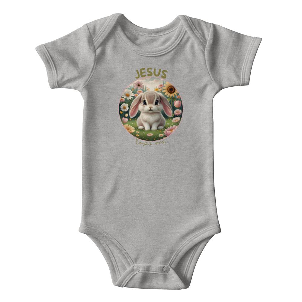 Jesus Loves Me Christian bodysuit with bunny in a flower garden.
