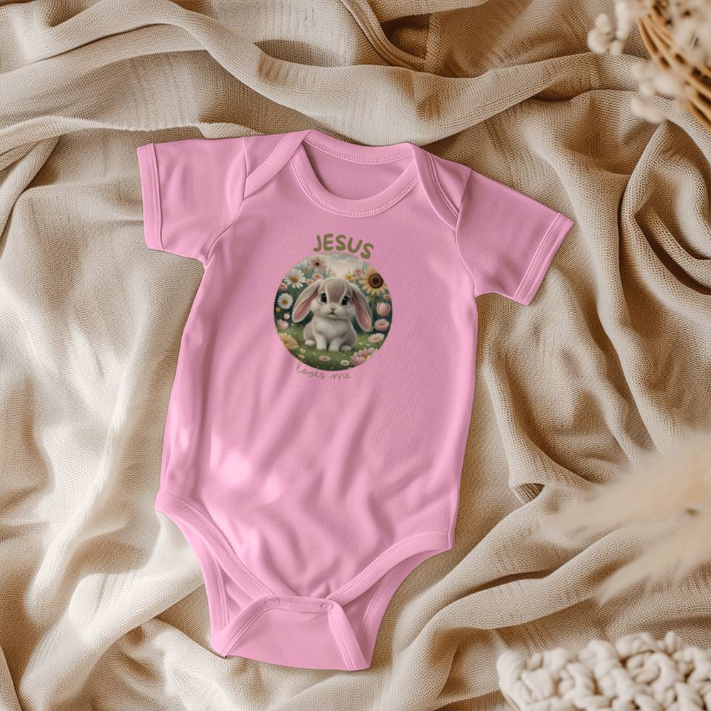 Jesus Loves Me Christian bodysuit with bunny in a flower garden.
