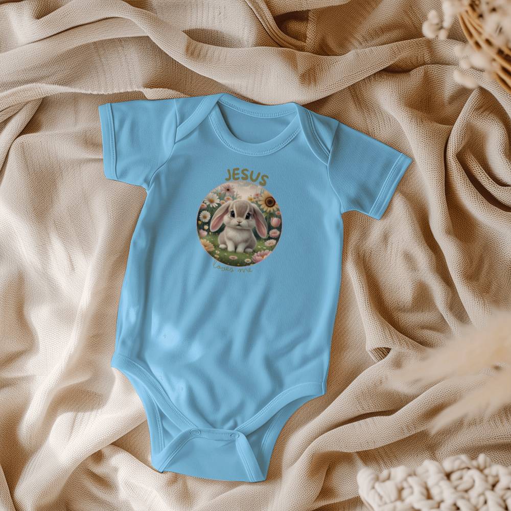 Jesus Loves Me Christian bodysuit with bunny in a flower garden.
