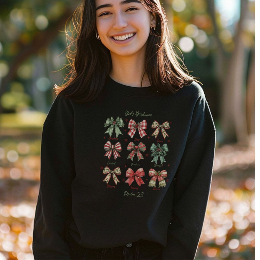Christian Christmas sweatshirt featuring holiday bows and Psalm 23 inspiration
